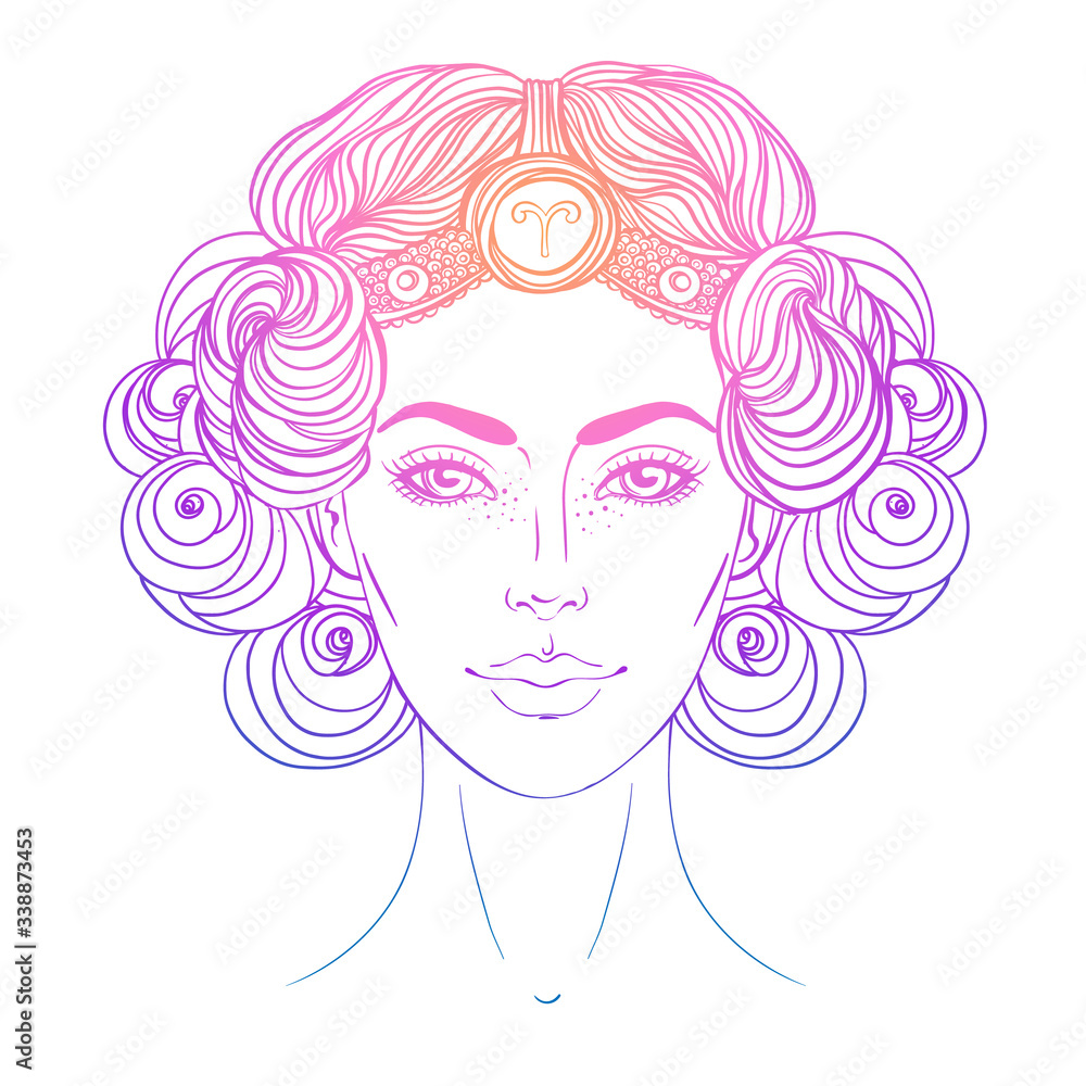Illustration of Aries astrological sign as a beautiful girl. Zodiac vector gradient drawing isolated over white. Future telling, horoscope, alchemy, spirituality. Coloring book for adults.