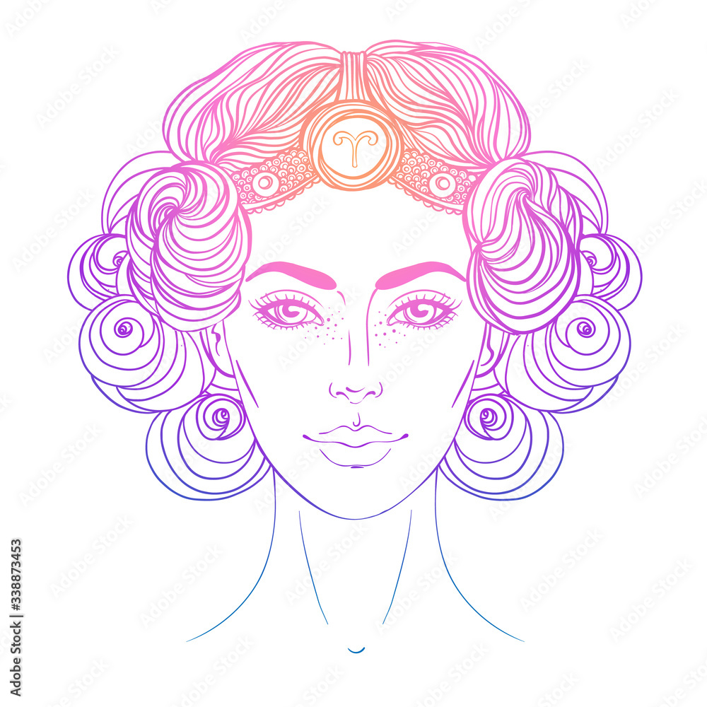 Illustration of Aries astrological sign as a beautiful girl. Zodiac vector gradient drawing isolated over white. Future telling, horoscope, alchemy, spirituality. Coloring book for adults. Illustration of Aries astrological sign as a beautiful girl. Zodiac vector gradient drawing isolated over white. Future telling, horoscope, alchemy, spirituality. Coloring book for adults.