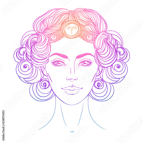 Illustration of Aries astrological sign as a beautiful girl. Zodiac vector gradient drawing isolated over white. Future telling, horoscope, alchemy, spirituality. Coloring book for adults.