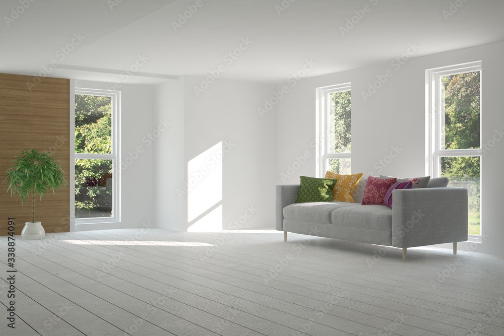 White living room with sofa and summer landscape in window. Scandinavian interior design. 3D illustration White living room with sofa and summer landscape in window. Scandinavian interior design. 3D illustration
