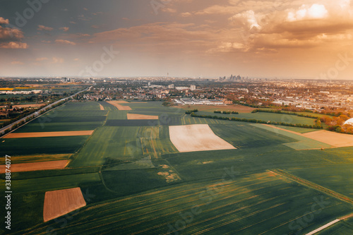 Aerial view of the hills in Germany. Aerial photography at sunset.