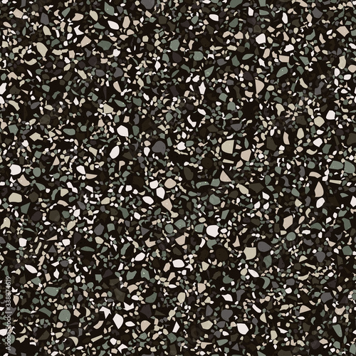 Vector surface texture of granite, concrete, mosaic tile, pebbles, quartz shape. Flooring venetian terrazzo seamless pattern. Natural realistic stone imitation, marble confetti background.