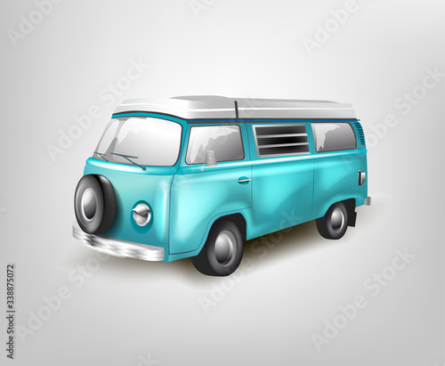 Blue retro bus vector mockup on white background. Isolated passenger van. Minivan for travelling