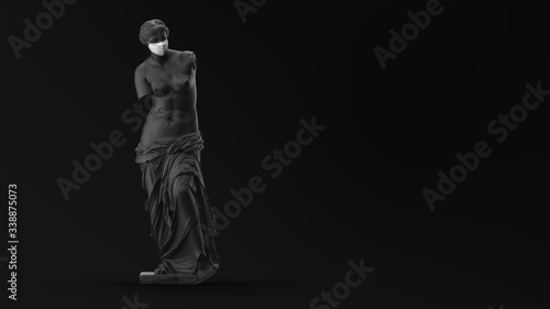 Novel coronavirus COVID-2019. Black statue of Venus symbolizes masked man on a black background. Virus 2019-nCoV logo. Stay at home challenge. Medical mask and virus protection. 3d render illustration