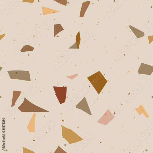 Vector surface texture of granite, concrete, mosaic tile, pebbles, quartz shape. Flooring venetian terrazzo seamless pattern. Natural realistic stone imitation, marble confetti background.