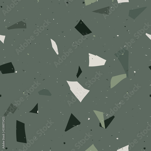 Vector surface texture of granite, concrete, mosaic tile, pebbles, quartz shape. Flooring venetian terrazzo seamless pattern. Natural realistic stone imitation, marble confetti background.