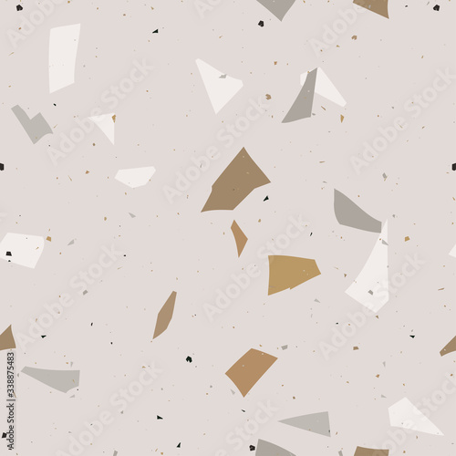 Vector surface texture of granite, concrete, mosaic tile, pebbles, quartz shape. Flooring venetian terrazzo seamless pattern. Natural realistic stone imitation, marble confetti background.