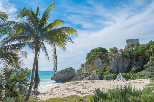 Coqueiros e formações rochosas na praia de Tulum