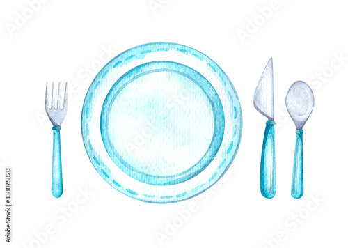 Plate and Cutlery. Knife, spoon and fork. Watercolor painting, single elements. Tableware. Design for kitchens and cafes.
