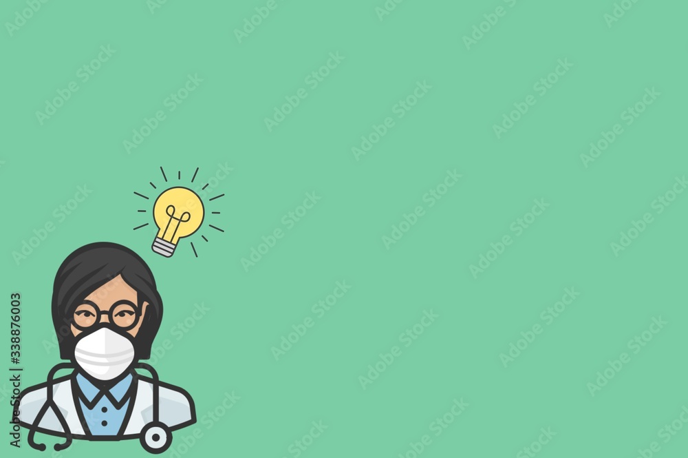 Coronavirus. Doctor and light bulb, having an idea. Woman doctor wearing mask and glasses - illustration outline. Health care and medicine. Coronavirus. Doctor and light bulb, having an idea. Woman doctor wearing mask and glasses - illustration outline. Health care and medicine.