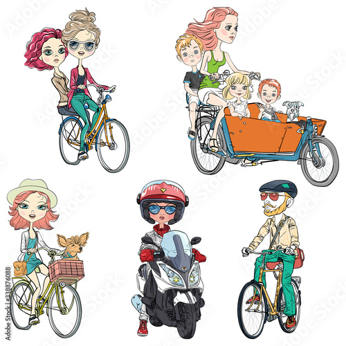 Vector set people ride a bike. Cute girl with dog, hipster young bearded man, mother with kids, two girls and girl on scooter