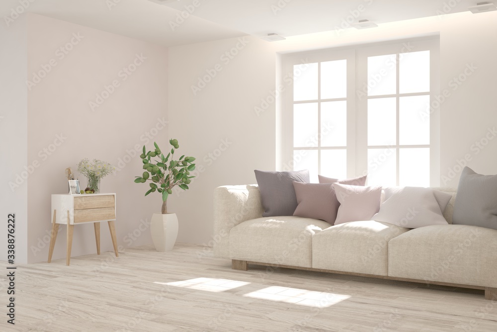 Fototapeta premium White living room with sofa. Scandinavian interior design. 3D illustration