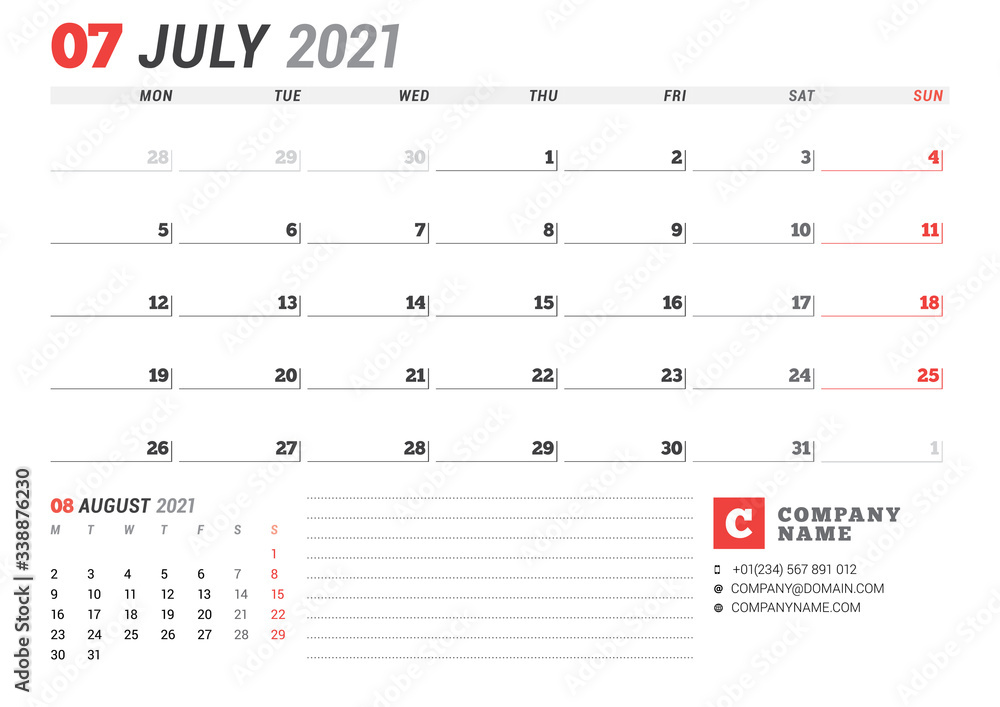 Calendar for July 2021. Business monthly planner. Stationery design. Week starts on Monday. Calendar for July 2021. Business monthly planner. Stationery design. Week starts on Monday.