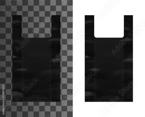Black plastic bag with handles, vector realistic mockup template. Recyclable and biodegradable disposable black plastic package, tear-off roll bag for shop. Garbage packet bag