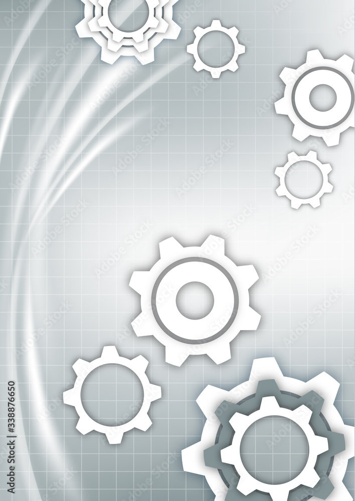 White abstract gears on a gray background with technical grid, light spot effects. Modern corporate cover design, flyer, banner, brochure, wallpaper. Vector White abstract gears on a gray background with technical grid, light spot effects. Modern corporate cover design, flyer, banner, brochure, wallpaper. Vector