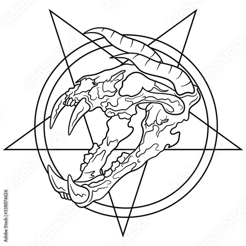 Cartoon cat skull with horns and teeth isolated on white background. Fantasy skeleton animal head from hell. Illustration for game avatar or profile picture. Blank line art for coloring book and page.