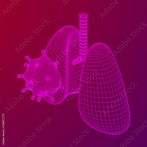 Corona Virus and Lungs with trachea bronchi internal organ human. Covid virus pulmonology medicine science concept. Wireframe low poly mesh vector illustration.