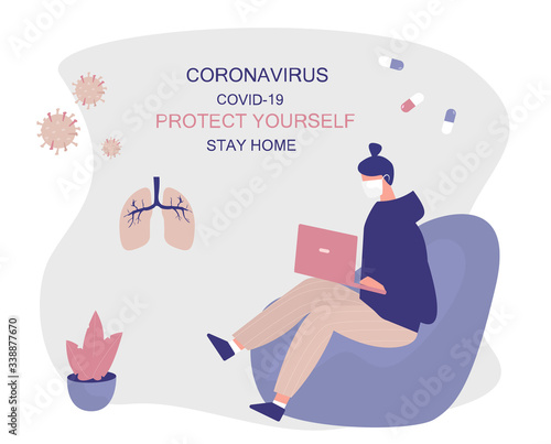 Girl Stay Home.Protect Yourself. Woman keeping Distance for Decrease Infection Risk For Prevent Virus Covid-19.
Stay Home on Quarantine During the Coronavirus Epidemic. Vector Illustration.