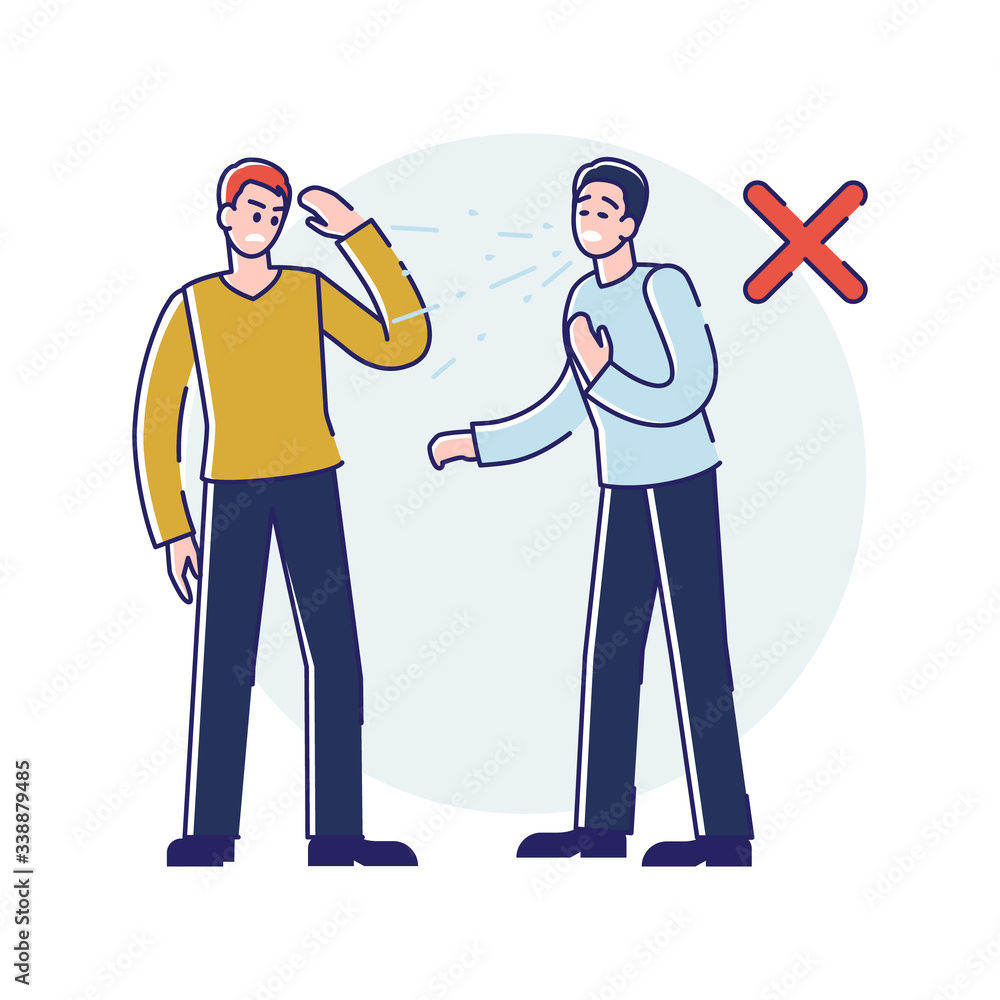 Viral Infection Protection. Infographic With Male Sneezing Character Not Covering His Mouth According Rules. Man Putting in Danger The Another Person. Cartoon Linear Outline Flat Vector Illustration