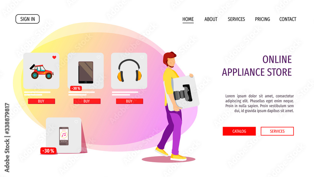 Website design for Appliance store, Online Shopping, Home delivery. Young man choosing products in an online store. Vector illustration for poster, banner, website, commercial.