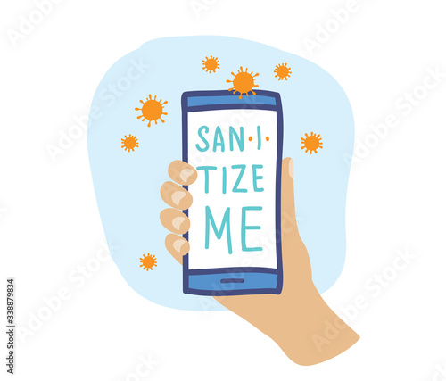 covid19 virus cells on phone with hand holding illustration
