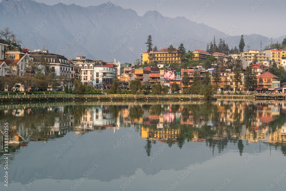  The town of Sapa reflected on Sapa Lake.
