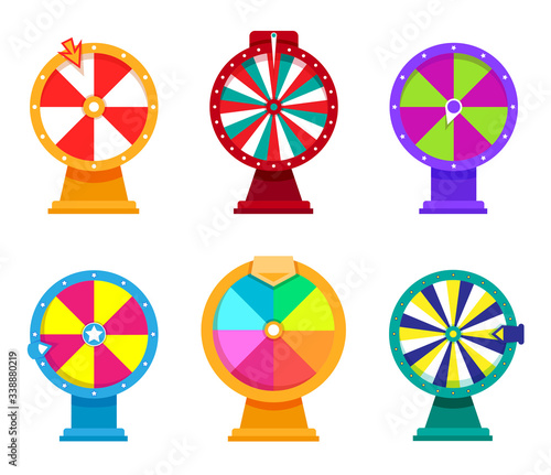 Vector wheel fortune set. Casino roulette wheels with arrow in a flat modern style. Gambling games in bright colors.