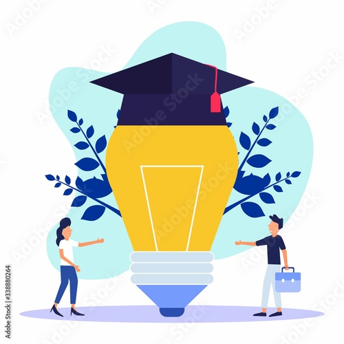 Young men and women stand next to a large lamp with a toga on it. the concepts of education, business and lifestyle. Modern vector illustration.