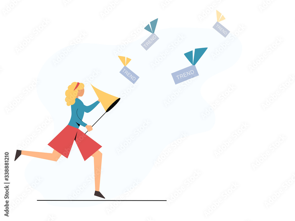 Woman with net runs and hunts trends. Vector concept of Chasing for Trends. Trendy illustration in a flat style isolated on white background. Woman with net runs and hunts trends. Vector concept of Chasing for Trends. Trendy illustration in a flat style isolated on white background.