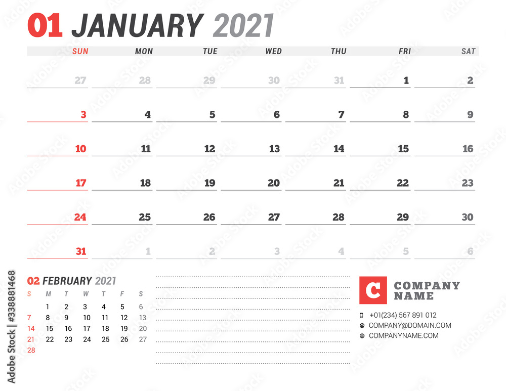Business monthly planner for January 2021. Stationery design. Week starts on Sunday. Business monthly planner for January 2021. Stationery design. Week starts on Sunday.