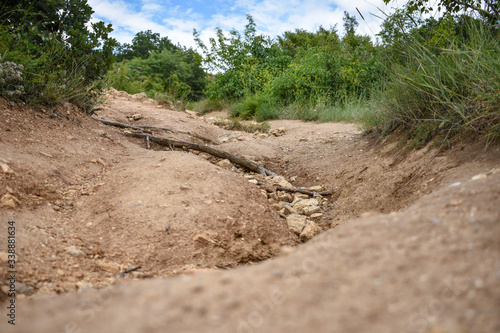 dry river bed in the mountain. Steep incline path. 