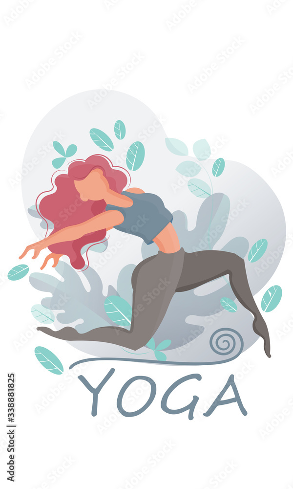 Practicing yoga. Vector illustration. Young and happy woman meditates.