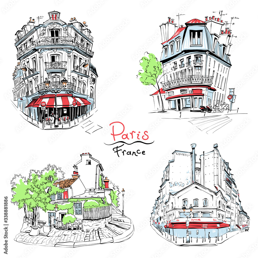 Set of Vector hand drawings. Typical parisain house with cafe and lanterns, Paris, France.