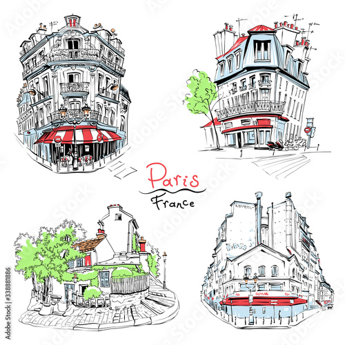 Set of Vector hand drawings. Typical parisain house with cafe and lanterns, Paris, France.