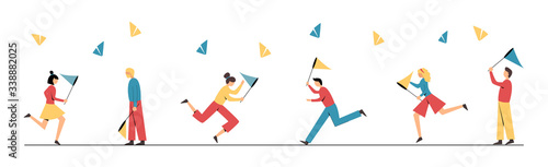 Men and women with net catch butterflies. The metaphor of the hunt for recognition, money, ideas, fame, etc. Trending illustration in a flat style. Vector concept isolated on white background..