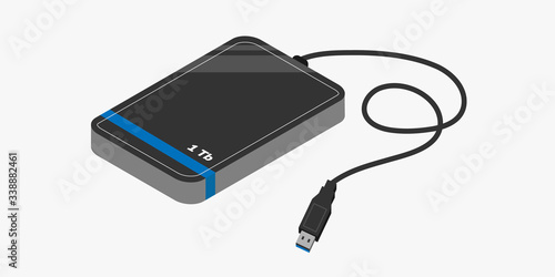 Isolated external hard drive with USB connector isometric.