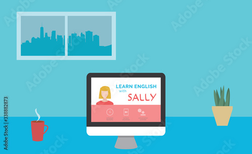 Education from home concept. Computer with online English course on the screen