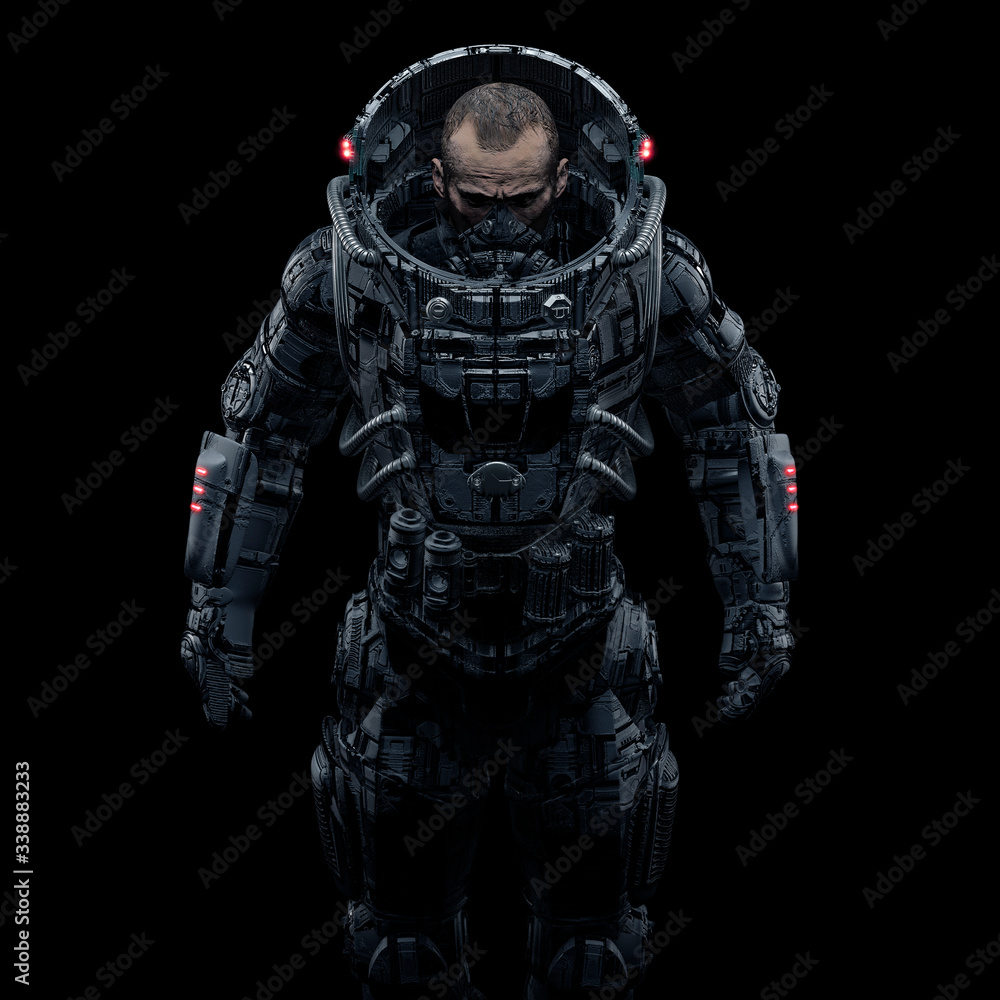 Cyberpunk soldier portrait / 3D illustration of male science fiction heavily armoured military astronaut isolated on black background
