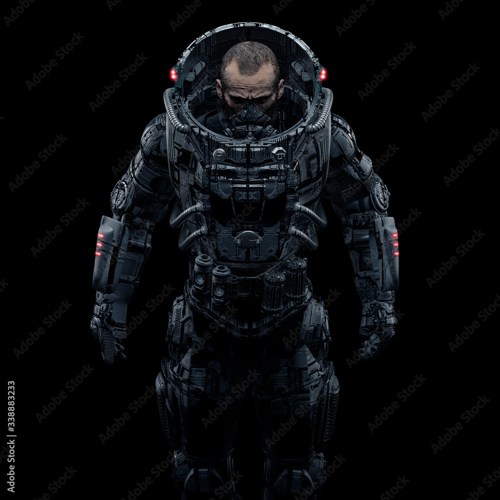 Cyberpunk soldier portrait / 3D illustration of male science fiction heavily armoured military astronaut isolated on black background Cyberpunk soldier portrait / 3D illustration of male science fiction heavily armoured military astronaut isolated on black background