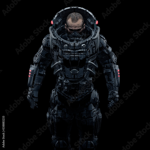 Cyberpunk soldier portrait / 3D illustration of male science fiction heavily armoured military astronaut isolated on black background © grandeduc