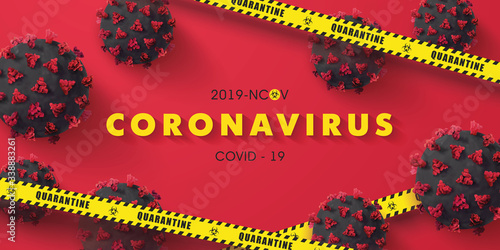 Coronavirus 2019-nCoV background with realistic microscopic 3D viral cells and quarantine tape.COVID-19 Corona virus outbreaking and Pandemic concept.Vector illustration eps 10