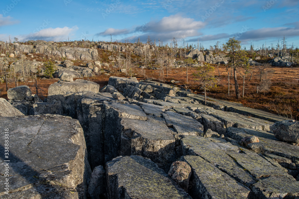 Φωτογραφία Enormous granitic rocks of regular shape in the swampy wasteland on Vottovaara mountain