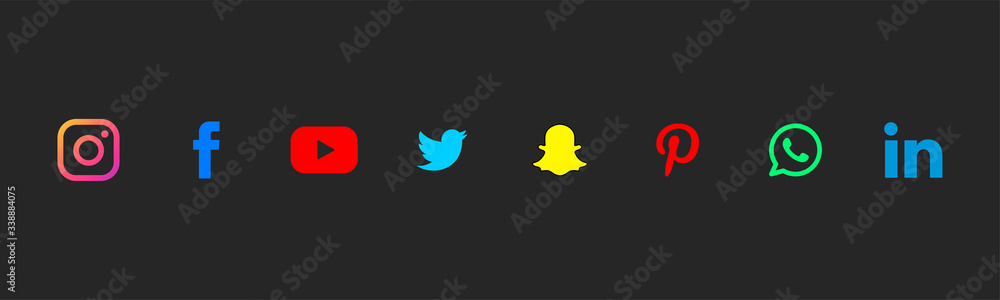 Facebook, instagram, twitter, youtube, snapchat, pinterest, whatsapp,  linkedin- Collection of popular social media logo. Black background.  Editorial vector. Kyiv, Ukraine - April 14, 2020 Stock Vector | Adobe Stock