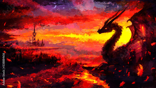 The majestic silhouette of a horned dragon lying peacefully on a mountain amid a bright fiery sunset, and a castle on a hill in the distance. 2d illustration.