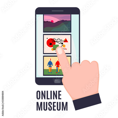 Mobile phone with art gallery on screen in flat style isolated on white background.