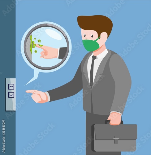 Bacteria in lift, man contamination bacteria virus infection from touching in public area in cartoon flat illustration vector 