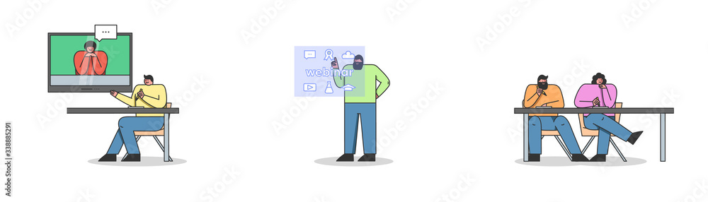 Concept Of Elearning Or Webinar. Characters Are Taking Online Remote Joint Course Or Video Business Conference, Taking Notes in Notebooks. Cartoon Linear Outline Flat Style Vector Illustrations Set Concept Of Elearning Or Webinar. Characters Are Taking Online Remote Joint Course Or Video Business Conference, Taking Notes in Notebooks. Cartoon Linear Outline Flat Style Vector Illustrations Set