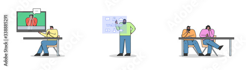 Concept Of Elearning Or Webinar. Characters Are Taking Online Remote Joint Course Or Video Business Conference, Taking Notes in Notebooks. Cartoon Linear Outline Flat Style Vector Illustrations Set