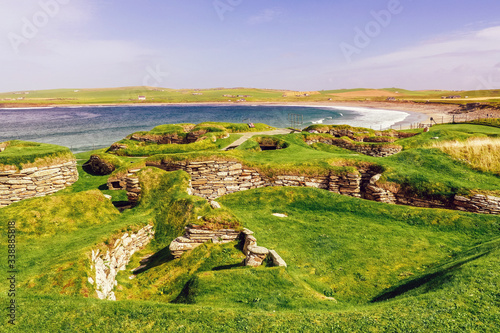 Mainland, Orkney, Scotland / United Kingdom - August 31, 2014: Skara Brae Neolithic settlement on the Bay of Skaill