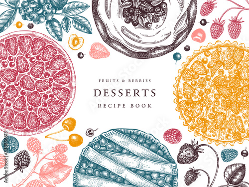 Berries cakes and pies banner. Hand drawn baking cakes, pies and fresh berries design in color. Homemade summer dessert recipe book template. Top view illustration for food delivery, cafe menu, recipe